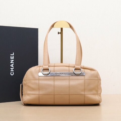 CHANEL 卡其色牛皮9開銀扣中古冰格波士頓手提包肩背包