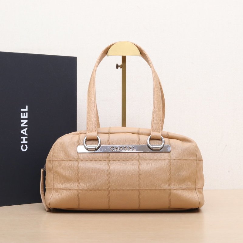 CHANEL 卡其色牛皮9開銀扣中古冰格波士頓手提包肩背包-0