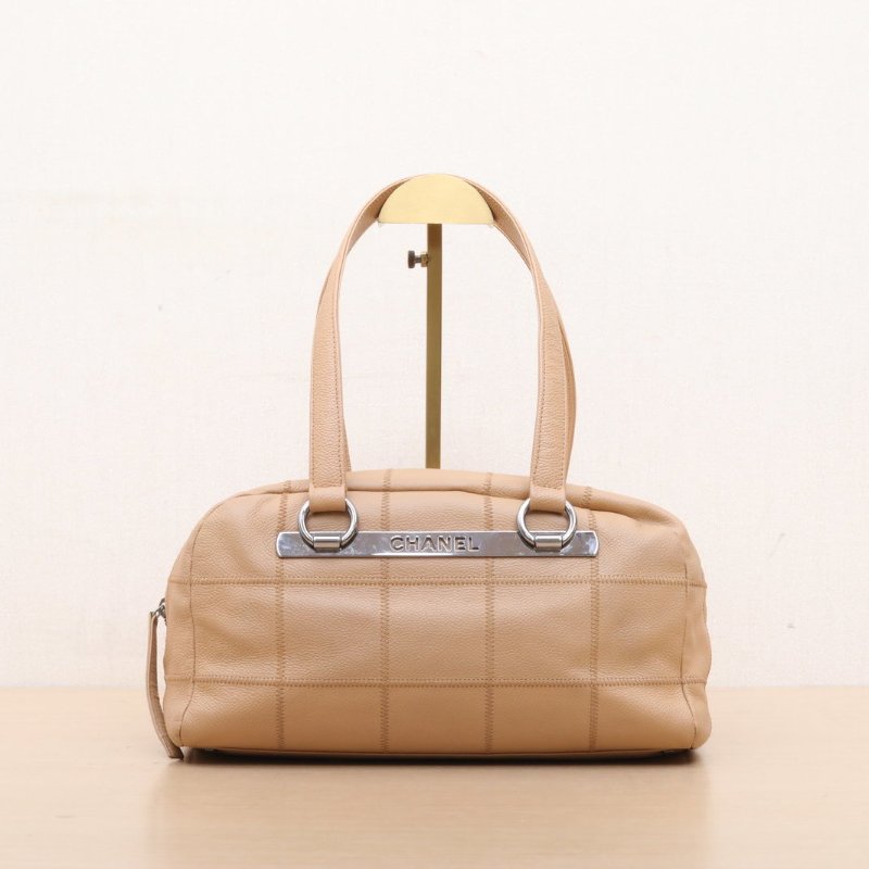 CHANEL 卡其色牛皮9開銀扣中古冰格波士頓手提包肩背包-1
