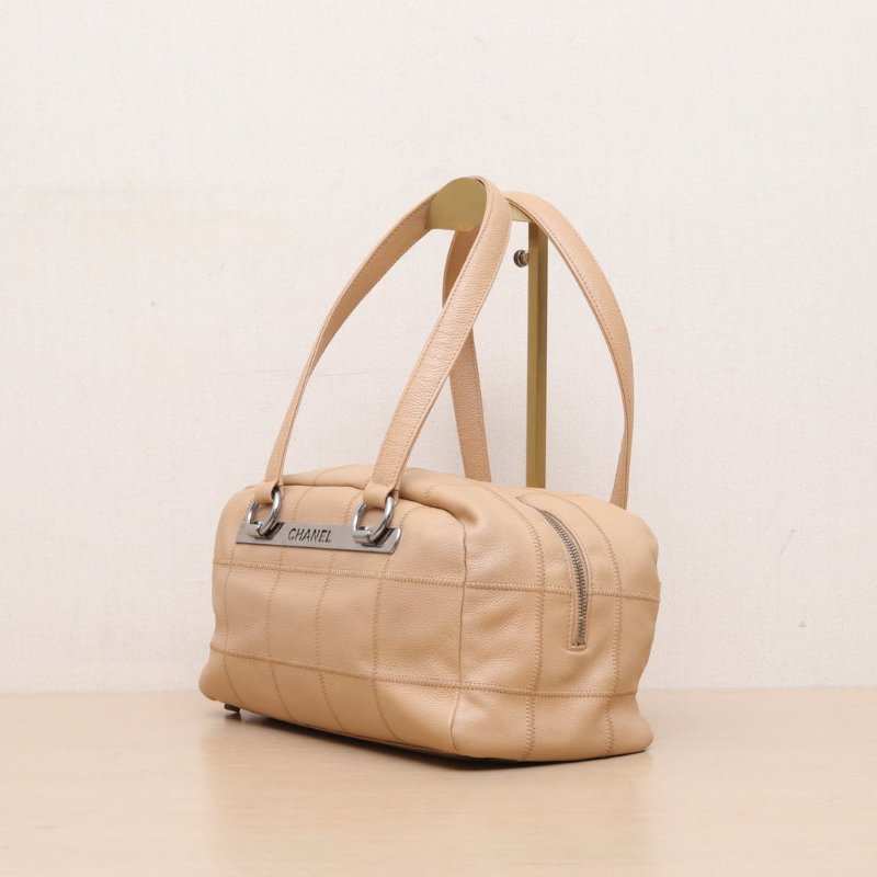 CHANEL 卡其色牛皮9開銀扣中古冰格波士頓手提包肩背包-3