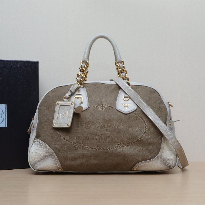 PRADA 拼色帆布流蘇保齡球包肩背包-0