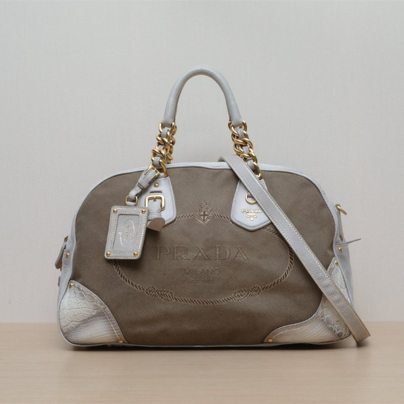 PRADA 拼色帆布流蘇保齡球包肩背包-1