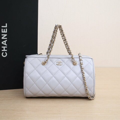 CHANEL 灰色羊皮鐳射標淺金扣25P鏈條手提保齡球包肩背包