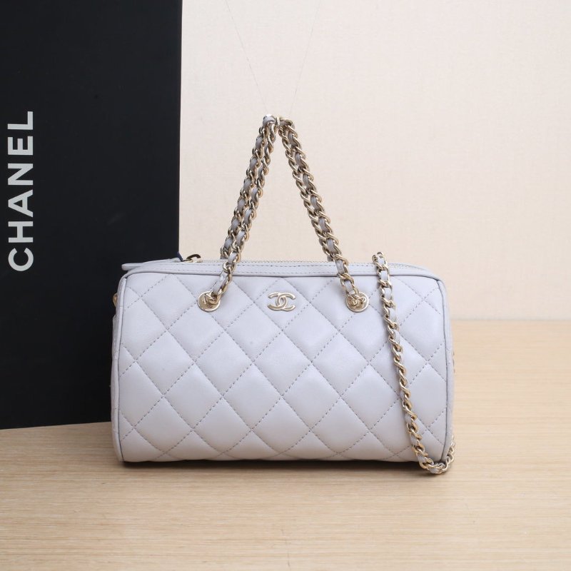 CHANEL 灰色羊皮鐳射標淺金扣25P鏈條手提保齡球包肩背包-0