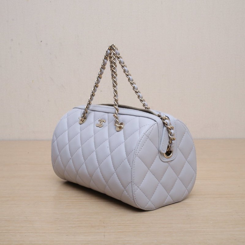 CHANEL 灰色羊皮鐳射標淺金扣25P鏈條手提保齡球包肩背包-4