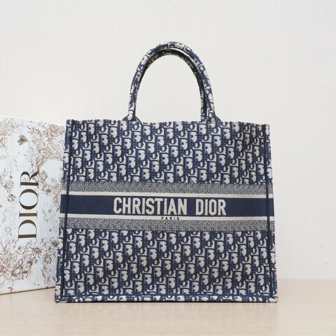 DIOR BookTote大號42藍色帆布無2021Oblique印花字母刺繡肩背包