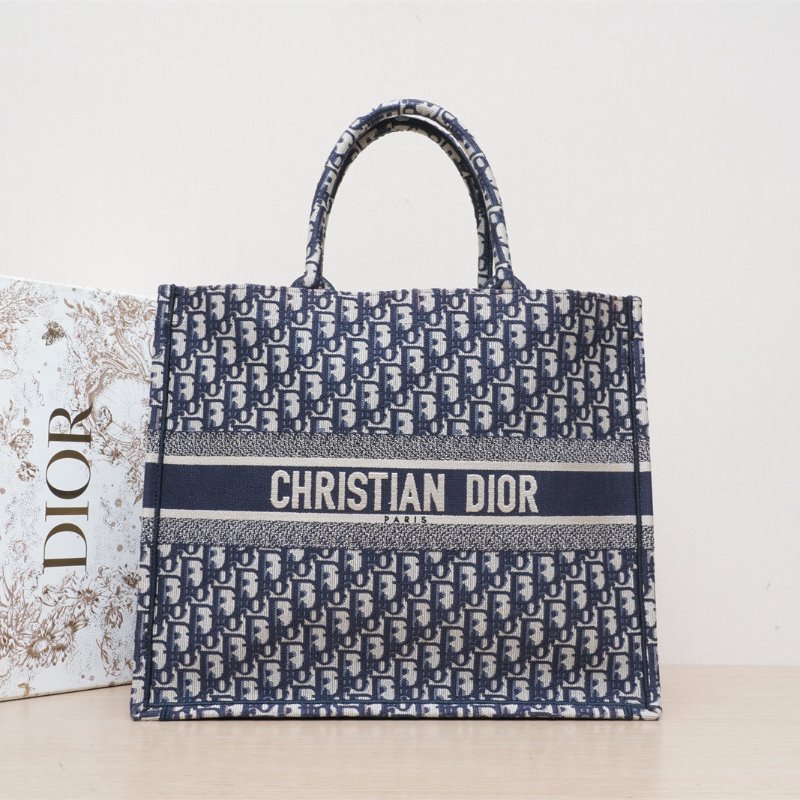 DIOR BookTote大號42藍色帆布無2021Oblique印花字母刺繡肩背包-0