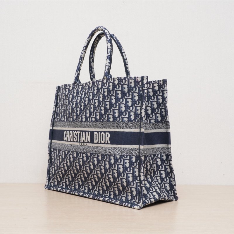 DIOR BookTote大號42藍色帆布無2021Oblique印花字母刺繡肩背包-3