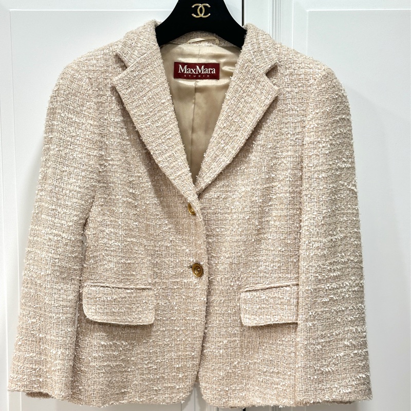 MAXMARA 卡其 毛呢 短大衣 西裝外套 套裝 西外 外套 裙裝 裙子-9