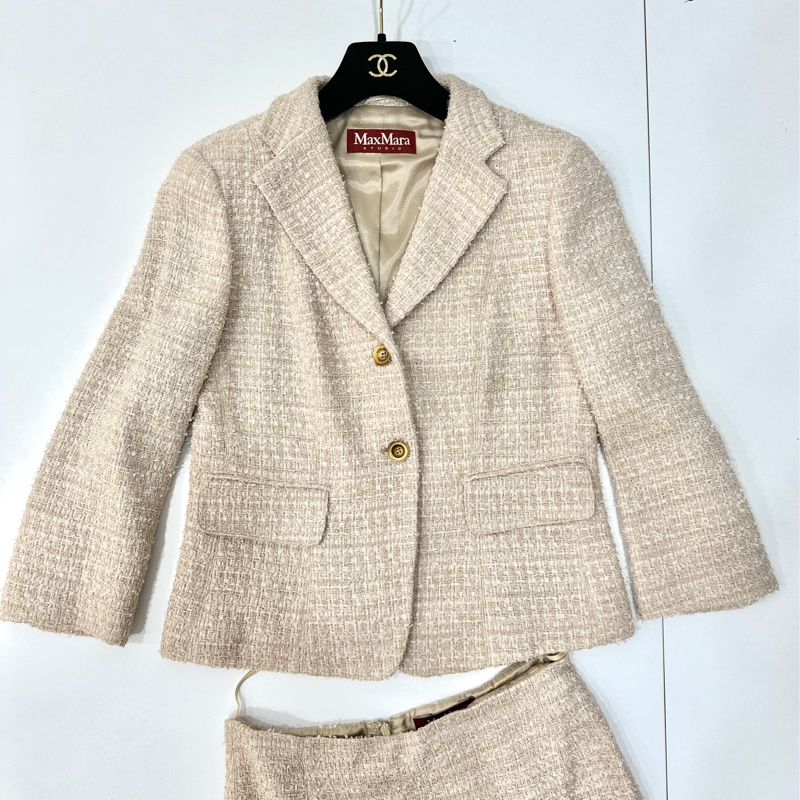 MAXMARA 卡其 毛呢 短大衣 西裝外套 套裝 西外 外套 裙裝 裙子-11