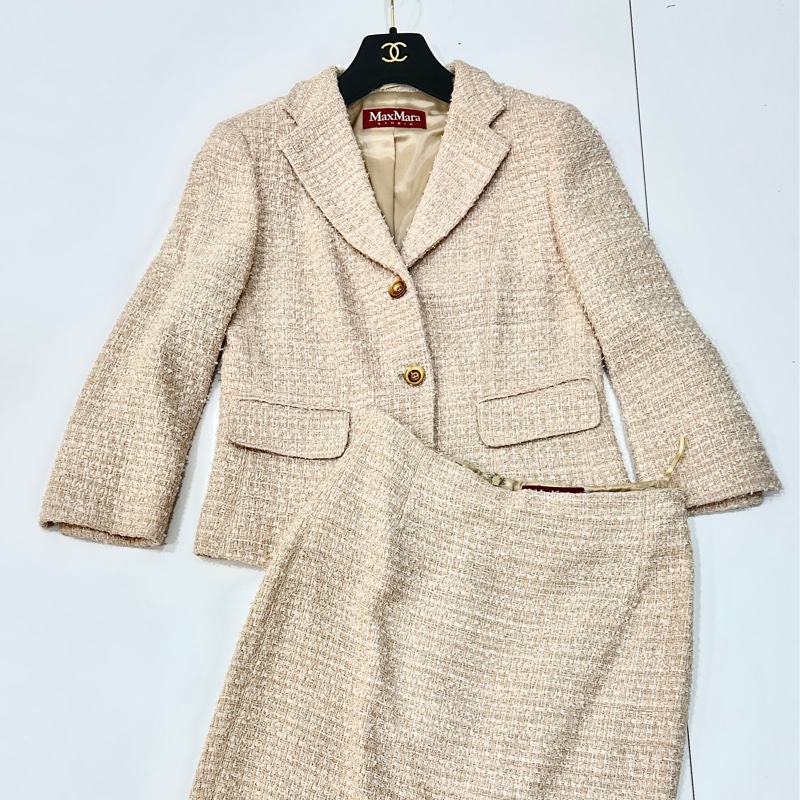 MAXMARA 卡其 毛呢 短大衣 西裝外套 套裝 西外 外套 裙裝 裙子-12