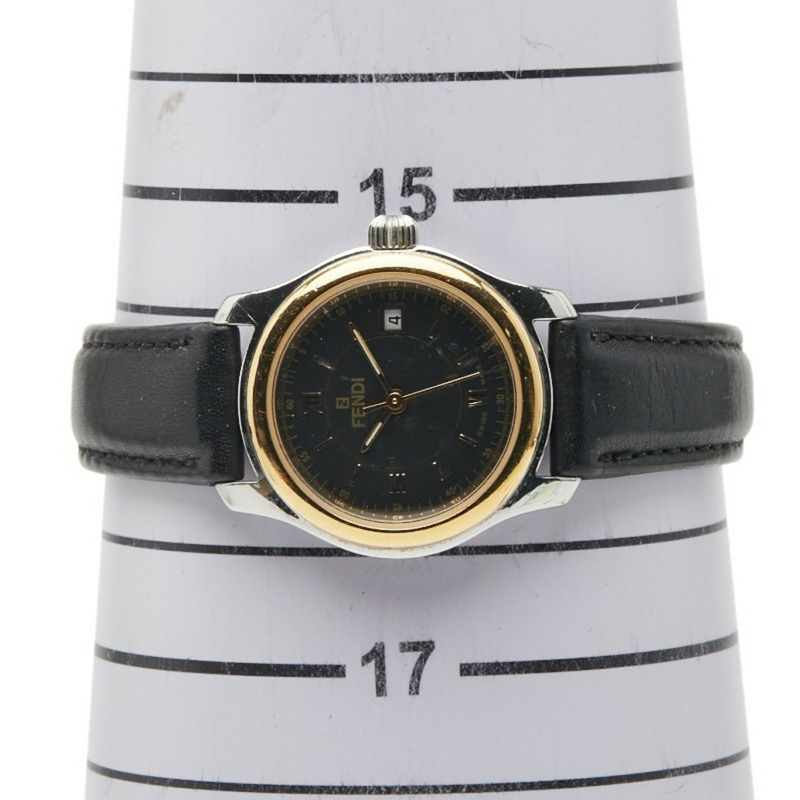 芬迪女士腕錶,210L石英機芯,黑色錶盤,不鏽鋼錶殼,皮革錶帶-8