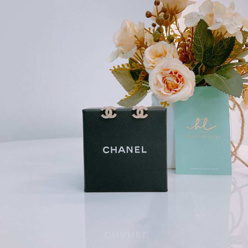 MS0382 Chanel 香奈兒 經典 CC Logo 最小 淡金 水鑽  Classic 1.2 cm CC Logo Earrings Crystal x GHW-0
