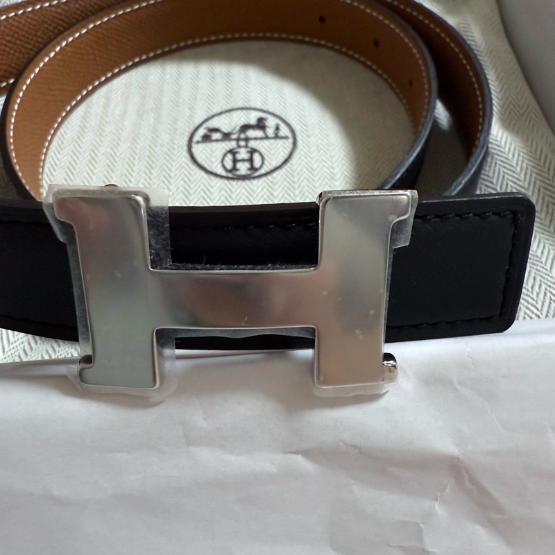 Hermes H雙色皮帶 銀色-1