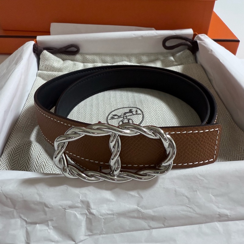 Hermes 豬鼻子雙色皮帶 銀色-0