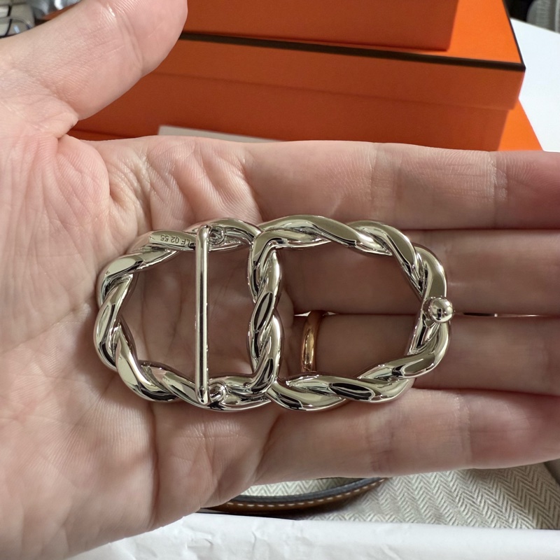 Hermes 豬鼻子雙色皮帶 銀色-5