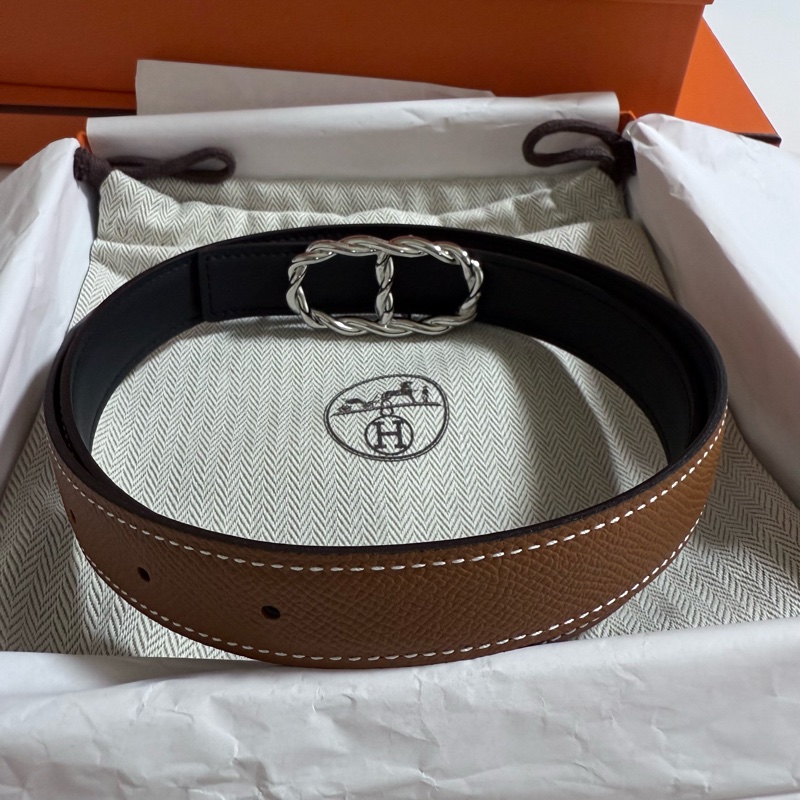 Hermes 豬鼻子雙色皮帶 銀色-10