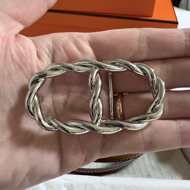 Hermes 豬鼻子雙色皮帶 銀色-11