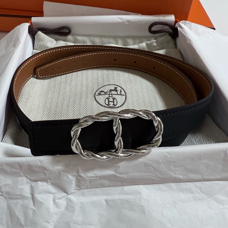 Hermes 豬鼻子雙色皮帶 銀色-17