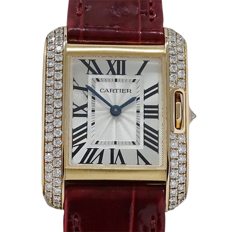 卡地亞 Tank Anglaise 女士腕錶，小號，鑲鑽，石英機芯，QZ 750PG，皮革錶帶，方形，拋光，WT100013-1