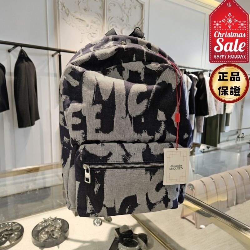 🎊佳節特賣🎁Alexander McQueen 麥昆 丹寧塗鴉大型後背包-0
