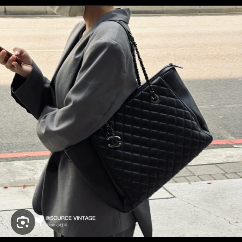 Chanel 香奈兒 黑色 復古銀 牛皮 肩背包 購物包 托特包-0