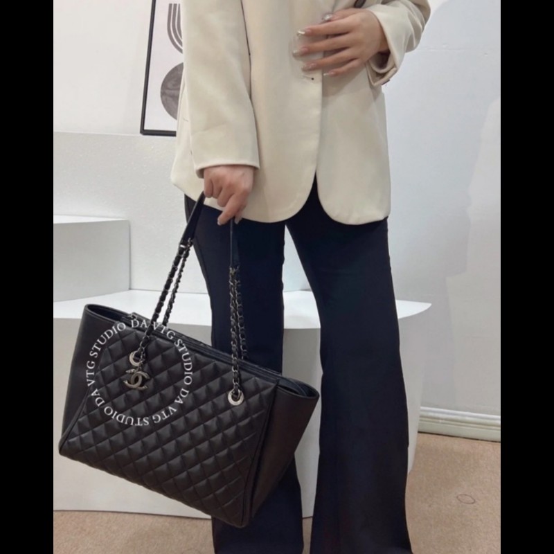 Chanel 香奈兒 黑色 復古銀 牛皮 肩背包 購物包 托特包-1