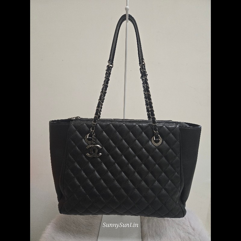 Chanel 香奈兒 黑色 復古銀 牛皮 肩背包 購物包 托特包-2