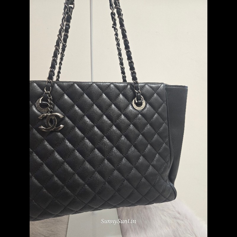 Chanel 香奈兒 黑色 復古銀 牛皮 肩背包 購物包 托特包-3