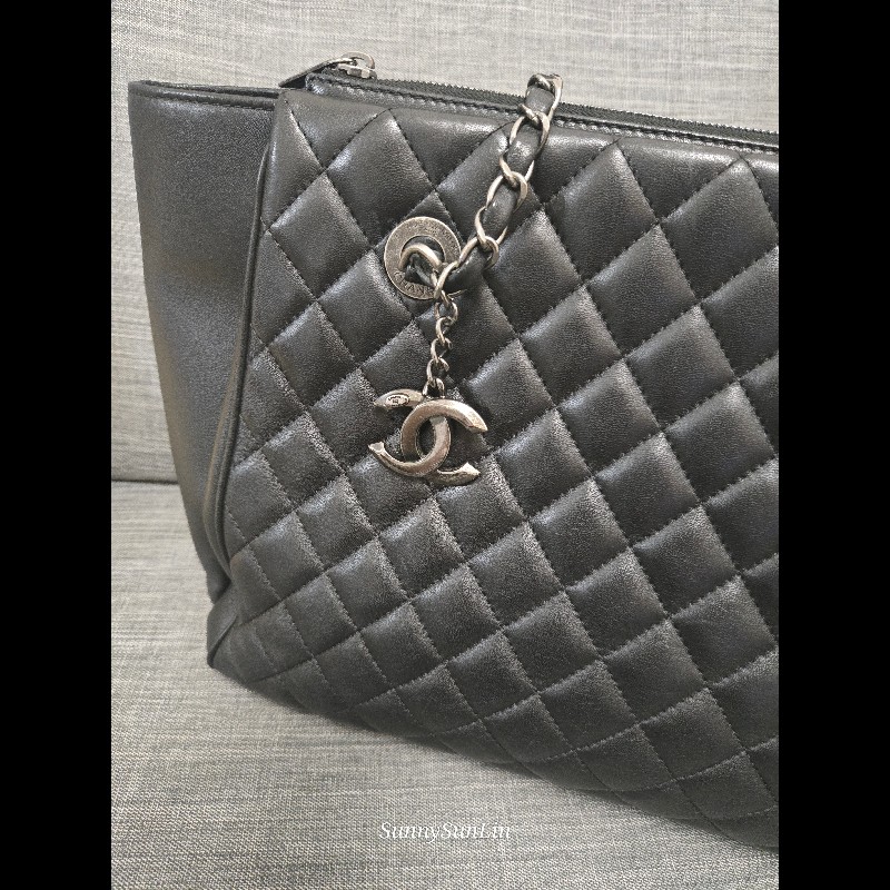 Chanel 香奈兒 黑色 復古銀 牛皮 肩背包 購物包 托特包-6