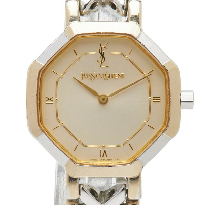 聖羅蘭女士石英腕錶，米色錶盤，不鏽鋼鍍層-0