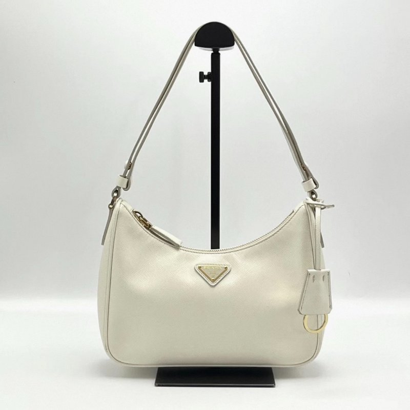 PRADA 白色十字紋牛皮肩背腋下包 22*18*6.5 99新配件塵袋-0