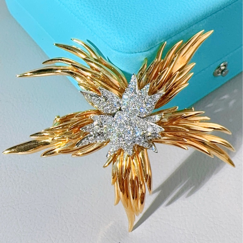 Tiffany蒂芙尼 高級珠寶史隆伯傑系列 黃金滿鑽火焰胸針-2