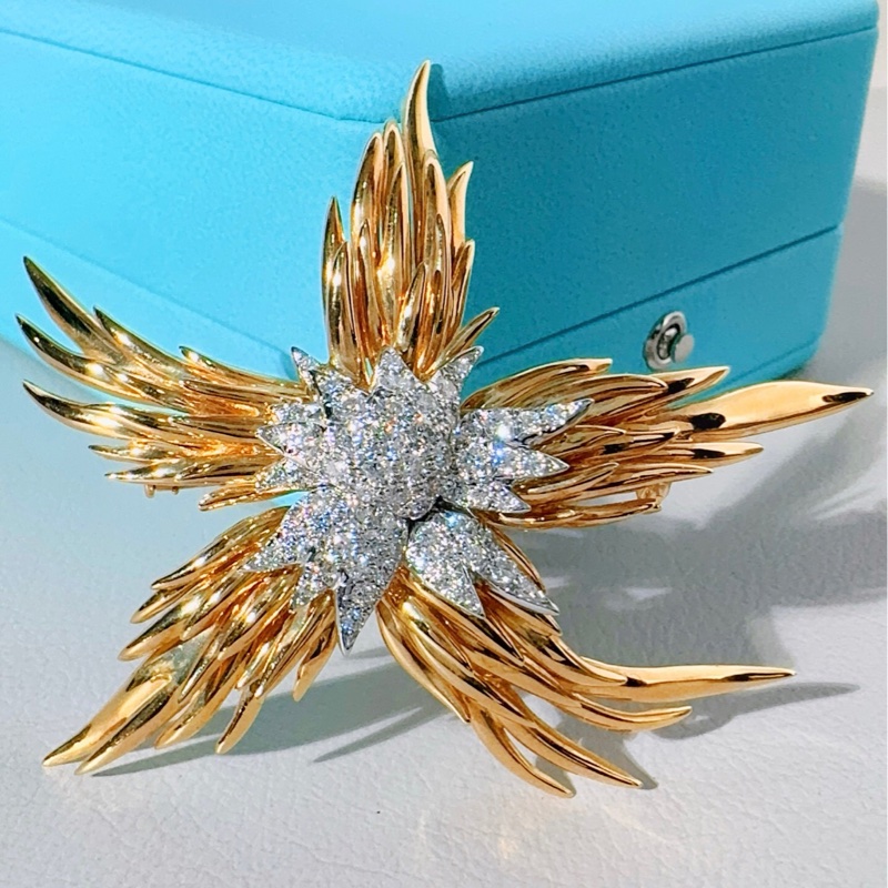 Tiffany蒂芙尼 高級珠寶史隆伯傑系列 黃金滿鑽火焰胸針-3
