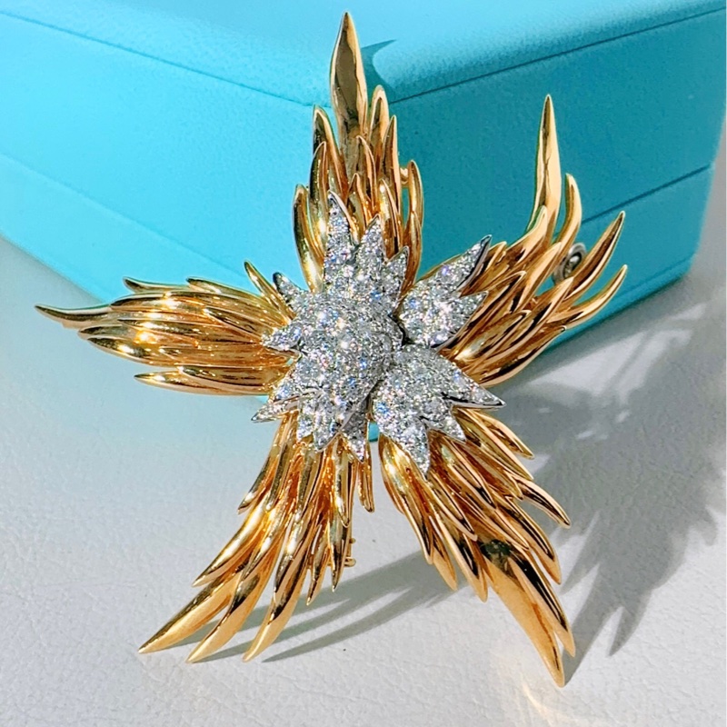 Tiffany蒂芙尼 高級珠寶史隆伯傑系列 黃金滿鑽火焰胸針-6
