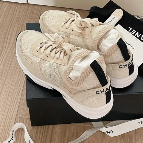 Chanel • 23b 米色麂皮針織羊毛拼接運動鞋