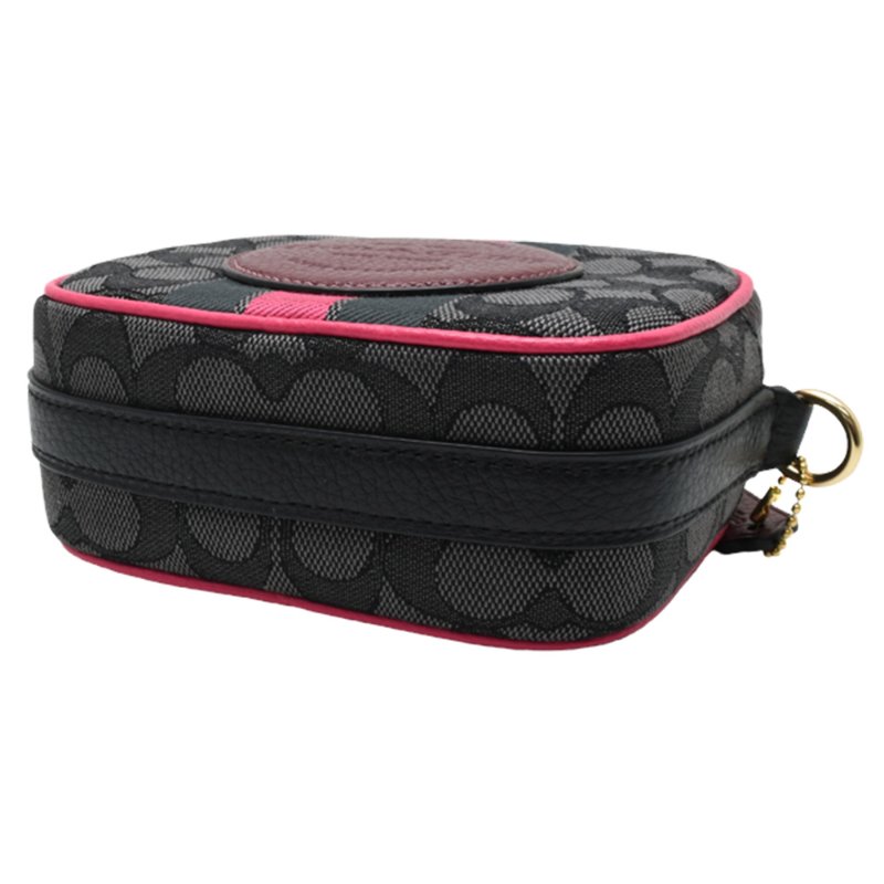 【COACH】撞色織布斜背相機包-黑灰紅條-1