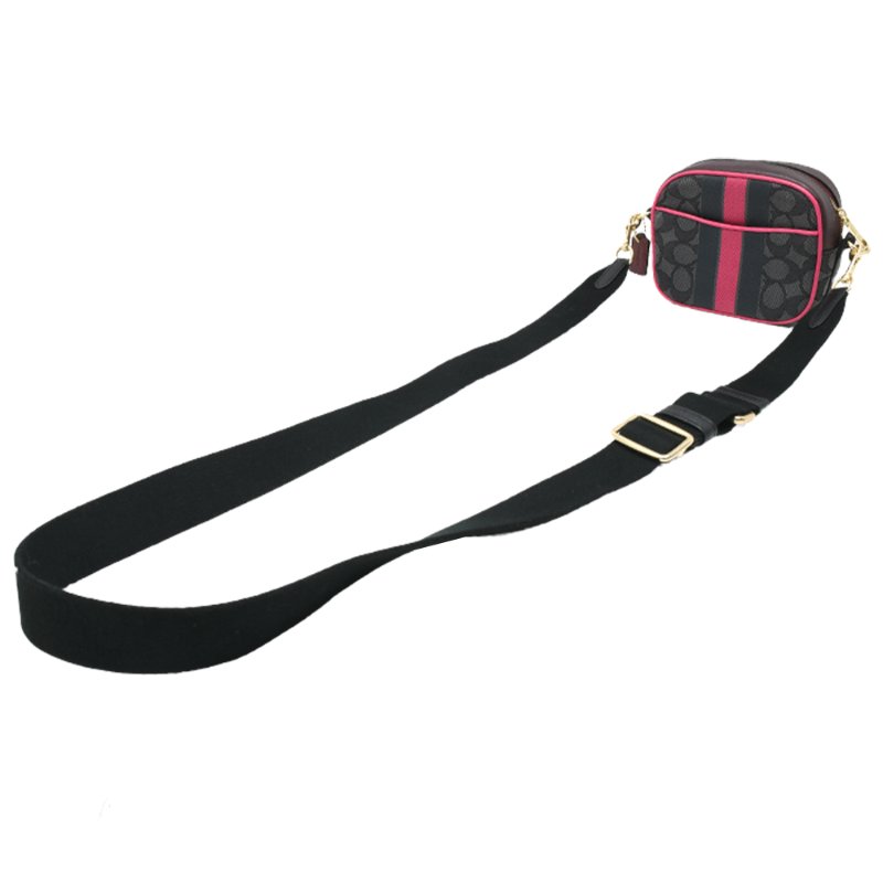 【COACH】撞色織布斜背相機包-黑灰紅條-3