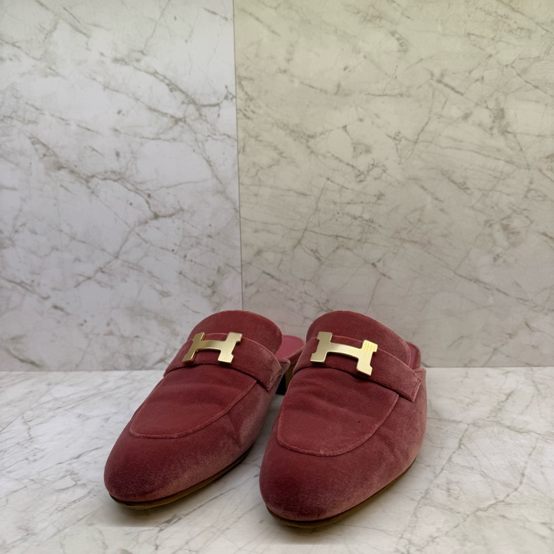 HERMES粉色天鵝絨H穆勒拖鞋36.5-0