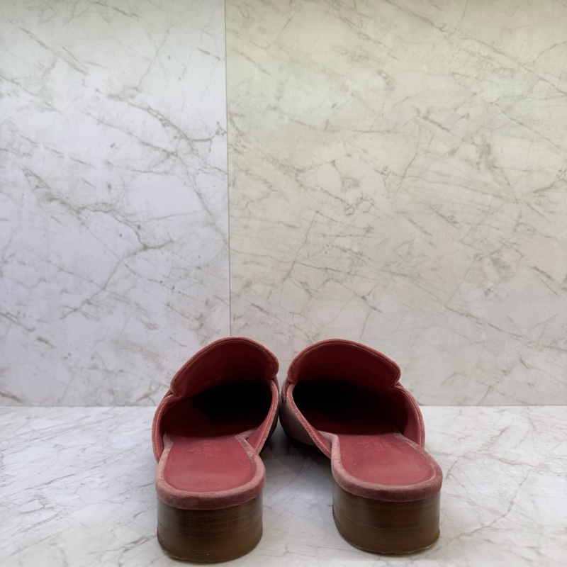 HERMES粉色天鵝絨H穆勒拖鞋36.5-2