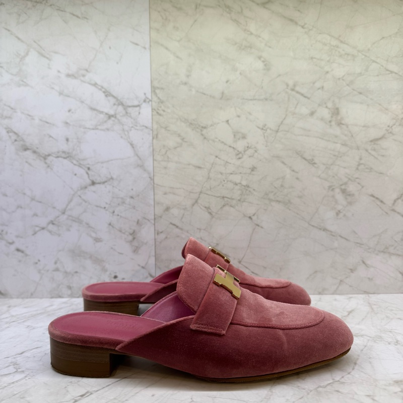 HERMES粉色天鵝絨H穆勒拖鞋36.5-3