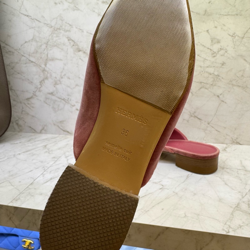 HERMES粉色天鵝絨H穆勒拖鞋36.5-4