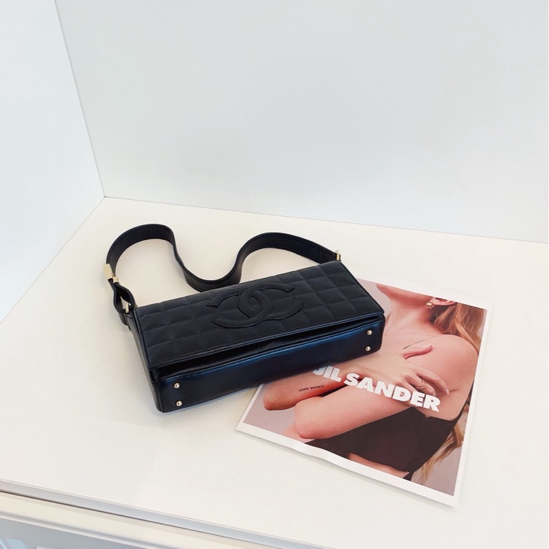 【98新🆕】Chanel 中古黑金橫版 冰格腋下包 經典縫線logo 手提包 單肩包-6