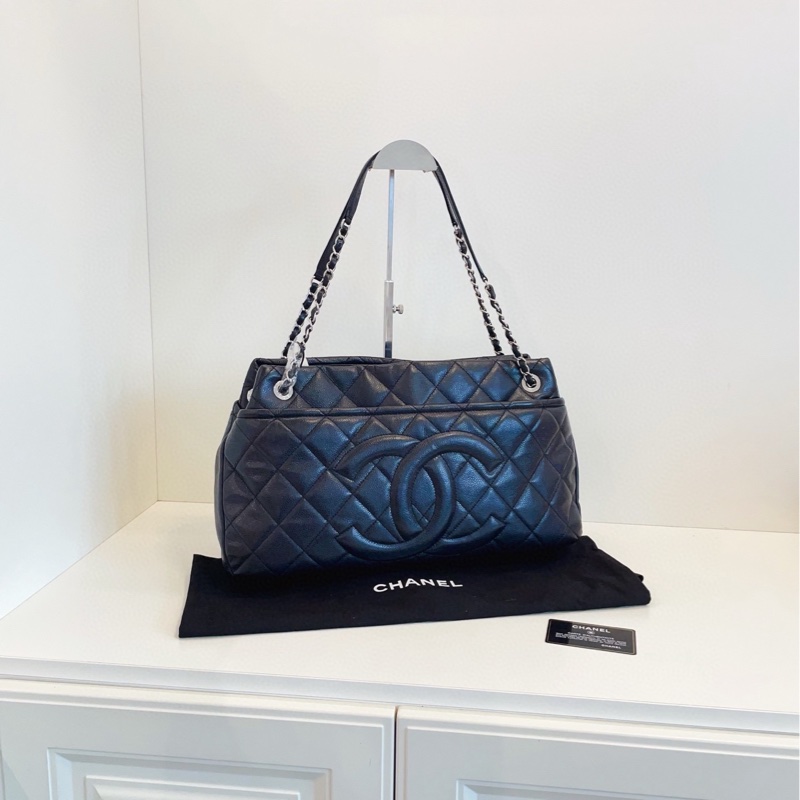 【98新🆕】Chanel 黑銀荔枝牛皮 雙鏈條tote 外縫線雙c logo 手提包 單肩包-0