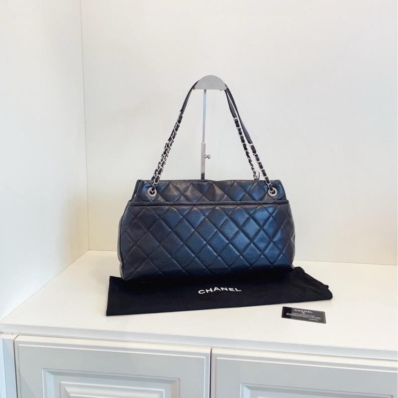 【98新🆕】Chanel 黑銀荔枝牛皮 雙鏈條tote 外縫線雙c logo 手提包 單肩包-1