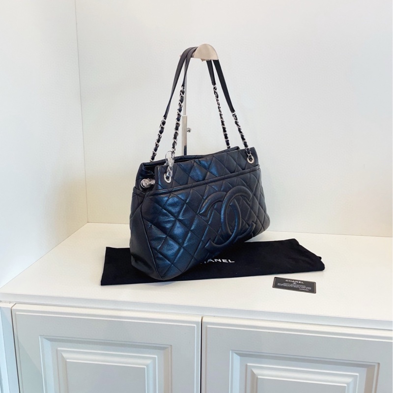 【98新🆕】Chanel 黑銀荔枝牛皮 雙鏈條tote 外縫線雙c logo 手提包 單肩包-2