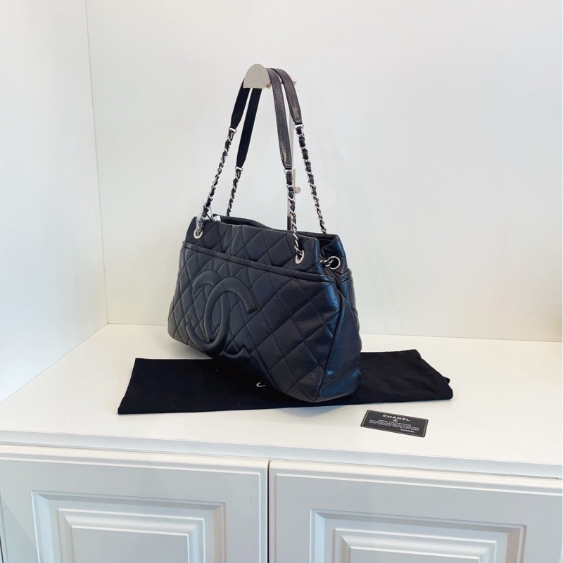 【98新🆕】Chanel 黑銀荔枝牛皮 雙鏈條tote 外縫線雙c logo 手提包 單肩包-3