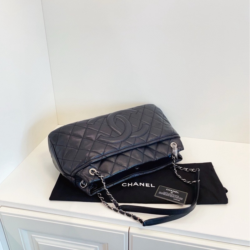 【98新🆕】Chanel 黑銀荔枝牛皮 雙鏈條tote 外縫線雙c logo 手提包 單肩包-4
