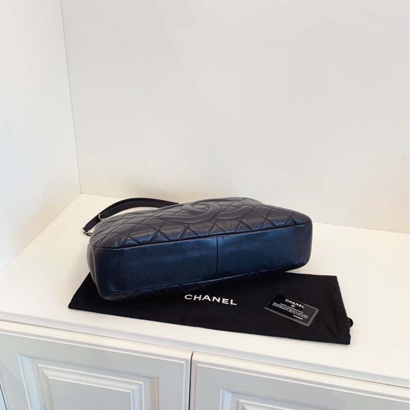 【98新🆕】Chanel 黑銀荔枝牛皮 雙鏈條tote 外縫線雙c logo 手提包 單肩包-5