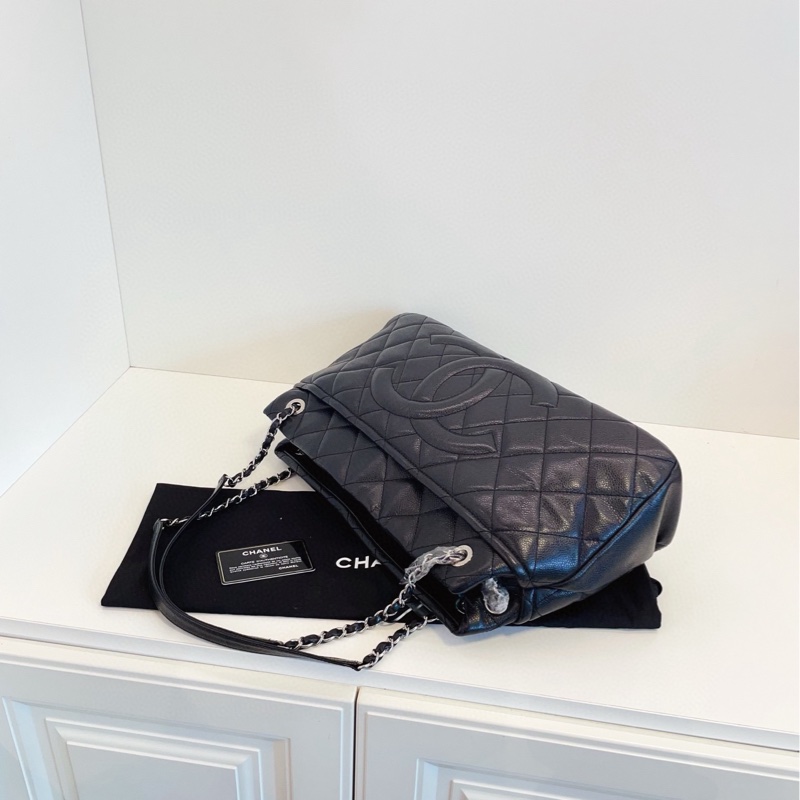 【98新🆕】Chanel 黑銀荔枝牛皮 雙鏈條tote 外縫線雙c logo 手提包 單肩包-6